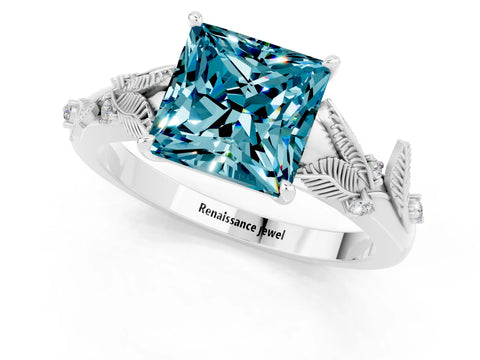 White gold Princess Cut Blue Topaz Solitaire Ring with Leaf Motif Band and Four-Prong Setting_1