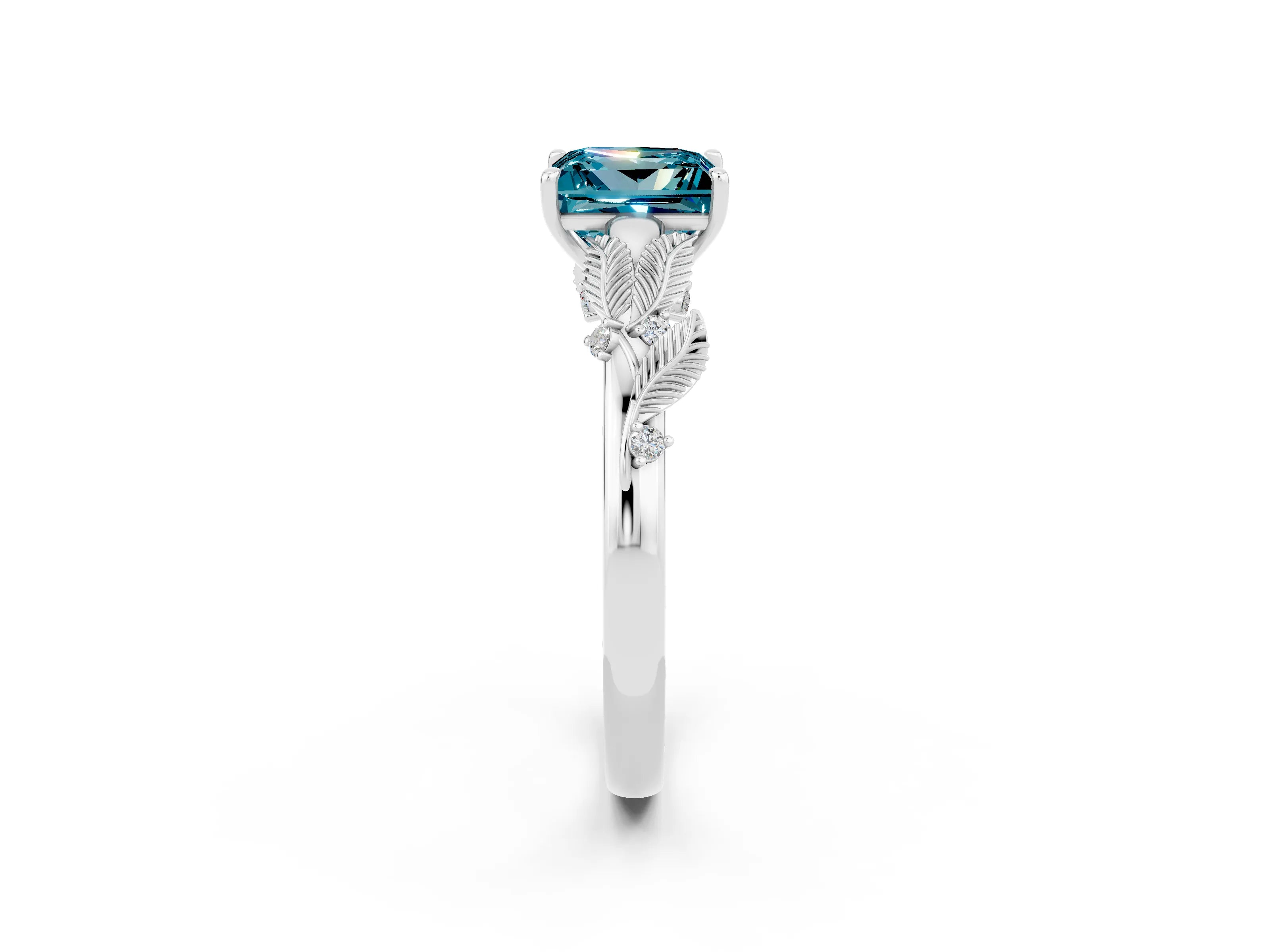 White gold Princess Cut Blue Topaz Solitaire Ring with Leaf Motif Band and Four-Prong Setting_2