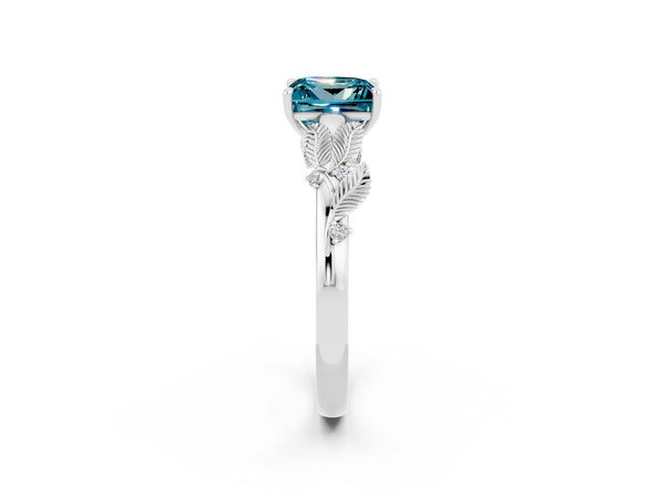 Platinum Princess Cut Blue Topaz Solitaire Ring with Leaf Motif Band and Four-Prong Setting