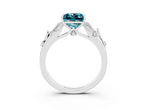 Platinum Princess Cut Blue Topaz Solitaire Ring with Leaf Motif Band and Four-Prong Setting