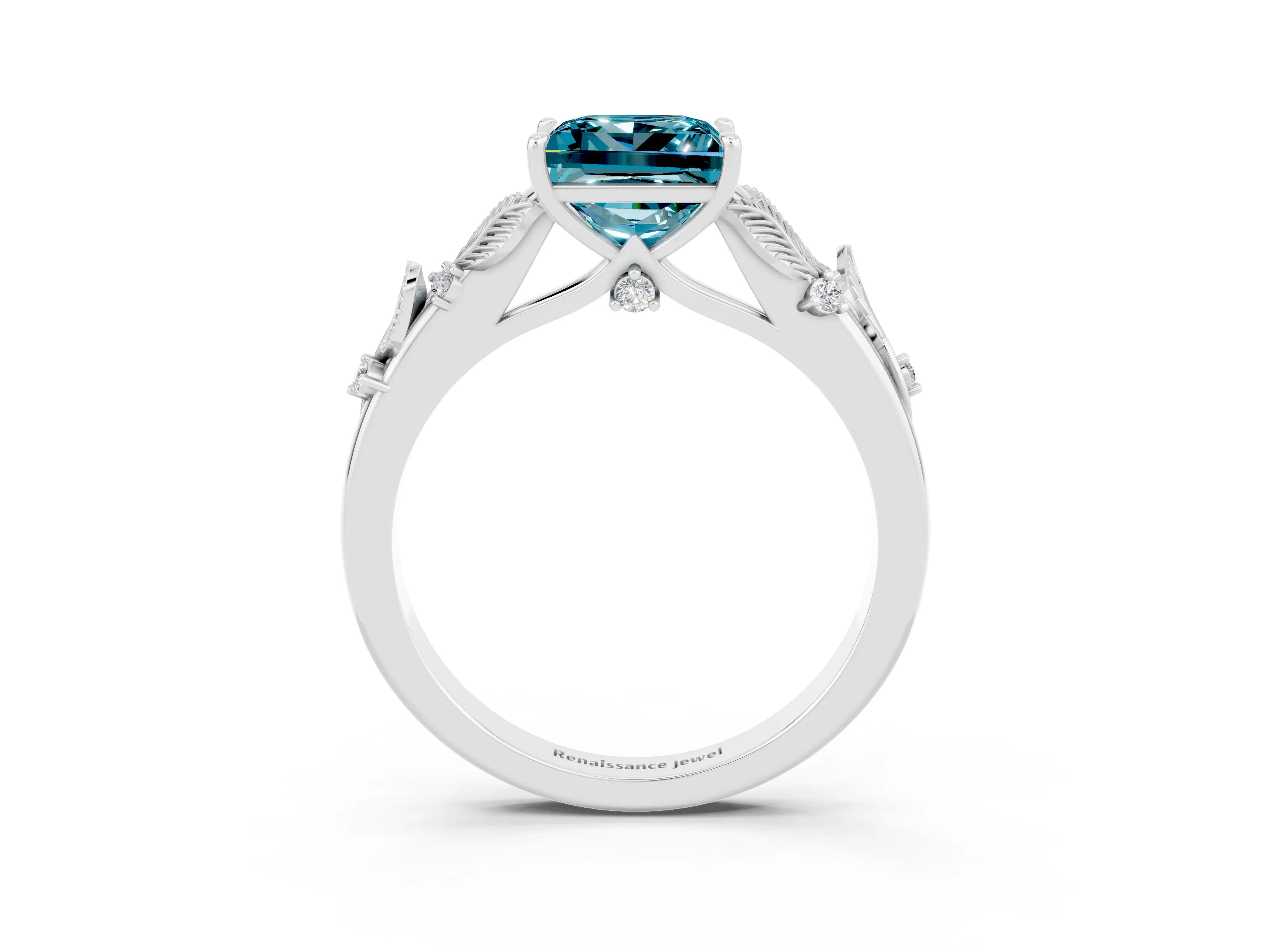 White gold Princess Cut Blue Topaz Solitaire Ring with Leaf Motif Band and Four-Prong Setting_3