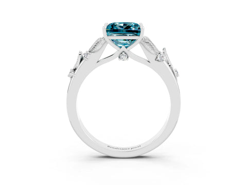 White gold Princess Cut Blue Topaz Solitaire Ring with Leaf Motif Band and Four-Prong Setting_3