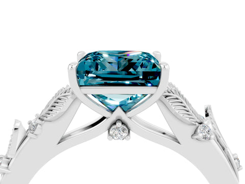 White gold Princess Cut Blue Topaz Solitaire Ring with Leaf Motif Band and Four-Prong Setting_4