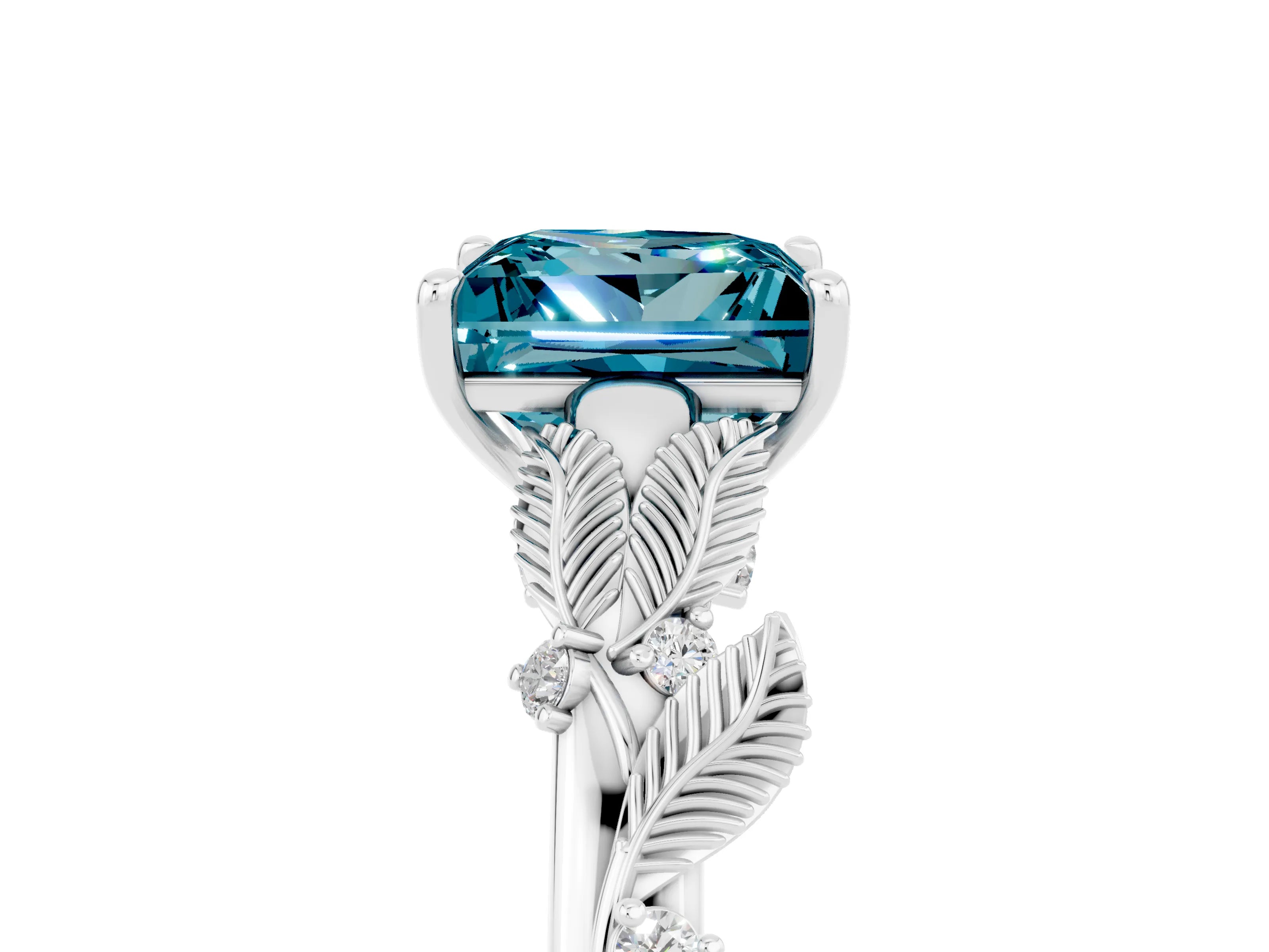 White gold Princess Cut Blue Topaz Solitaire Ring with Leaf Motif Band and Four-Prong Setting_5