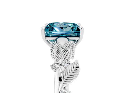 White gold Princess Cut Blue Topaz Solitaire Ring with Leaf Motif Band and Four-Prong Setting_5