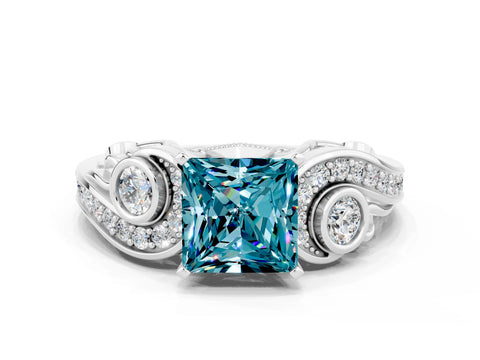 White gold Princess Cut Blue Topaz Solitaire Ring with Milgrain Pavé Band and Four-Prong Setting_12