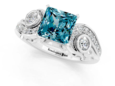 White gold Princess Cut Blue Topaz Solitaire Ring with Milgrain Pavé Band and Four-Prong Setting_13