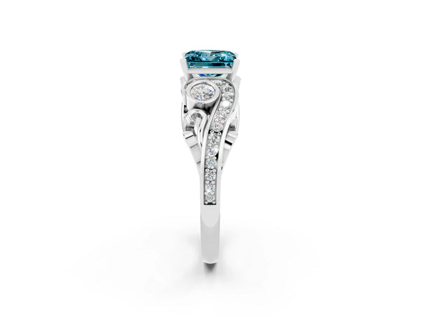 Platinum Princess Cut Blue Topaz Solitaire Ring with Milgrain Pavé Band and Four-Prong Setting