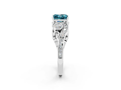 White gold Princess Cut Blue Topaz Solitaire Ring with Milgrain Pavé Band and Four-Prong Setting_14