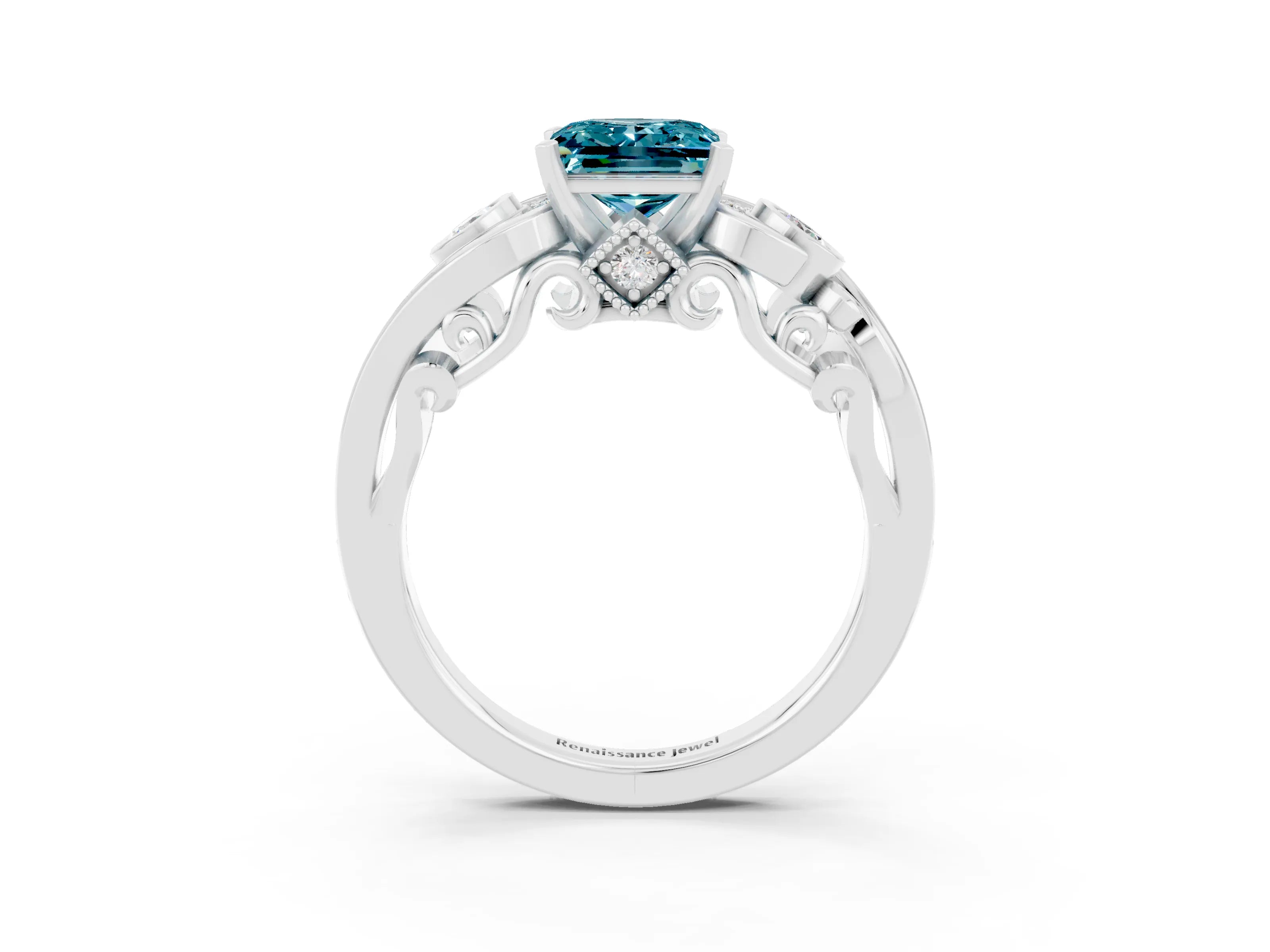 White gold Princess Cut Blue Topaz Solitaire Ring with Milgrain Pavé Band and Four-Prong Setting_15