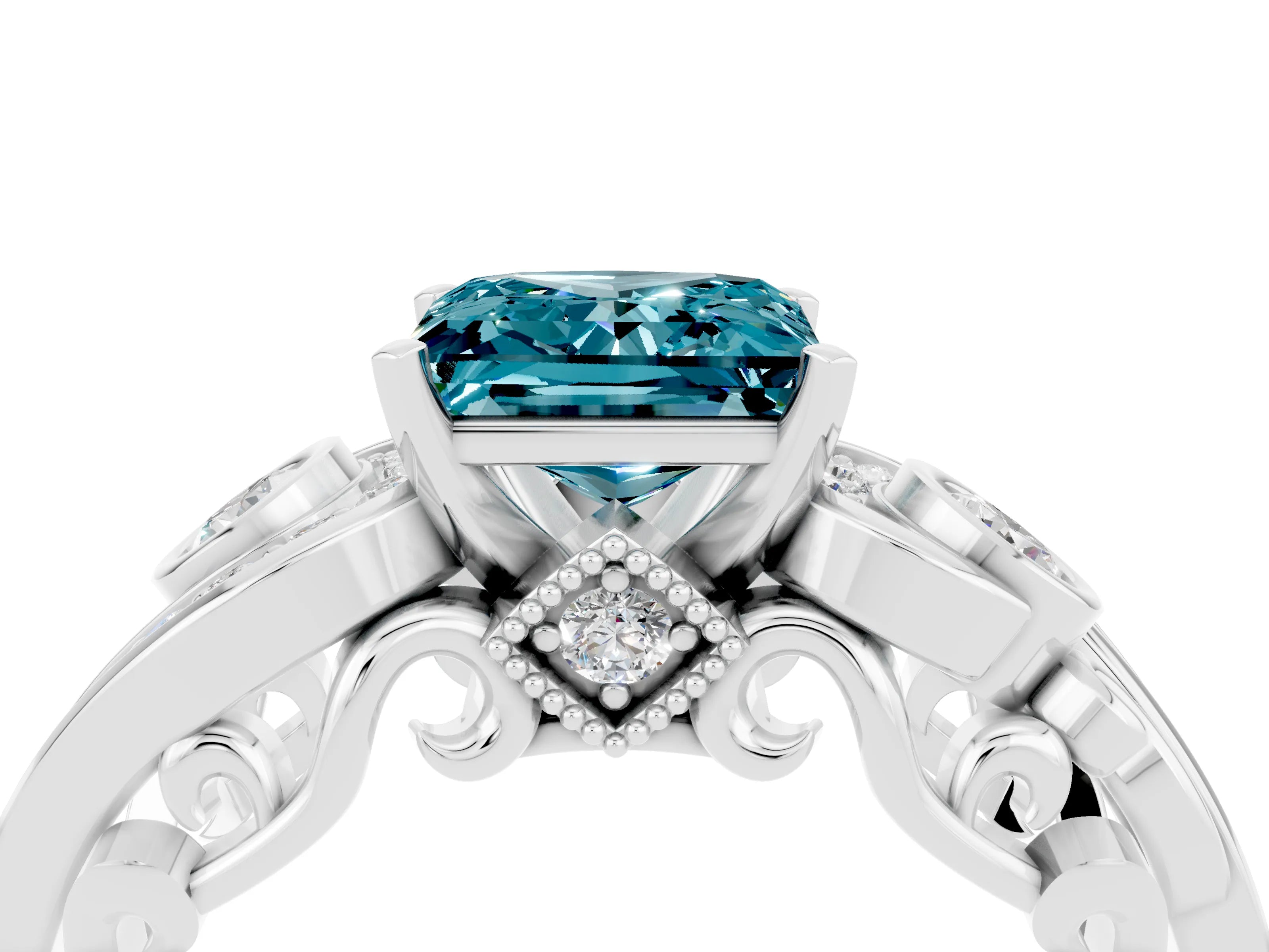 White gold Princess Cut Blue Topaz Solitaire Ring with Milgrain Pavé Band and Four-Prong Setting_16