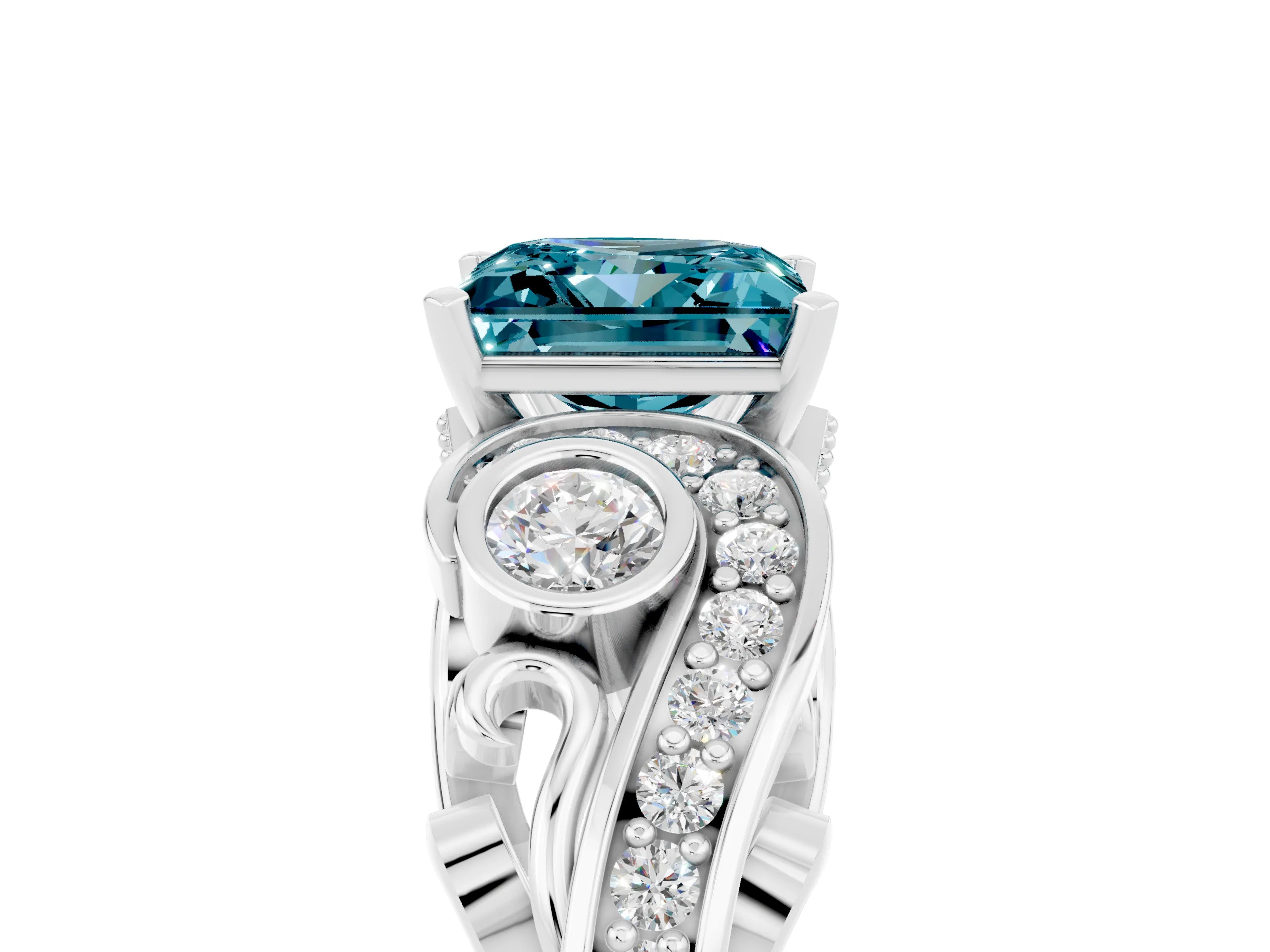 White gold Princess Cut Blue Topaz Solitaire Ring with Milgrain Pavé Band and Four-Prong Setting_17