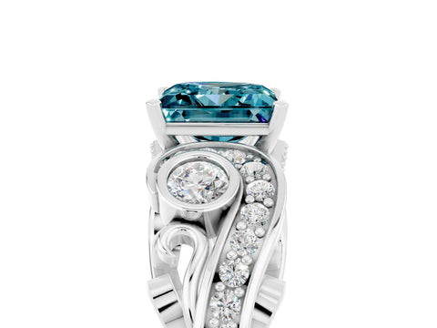 White gold Princess Cut Blue Topaz Solitaire Ring with Milgrain Pavé Band and Four-Prong Setting_17