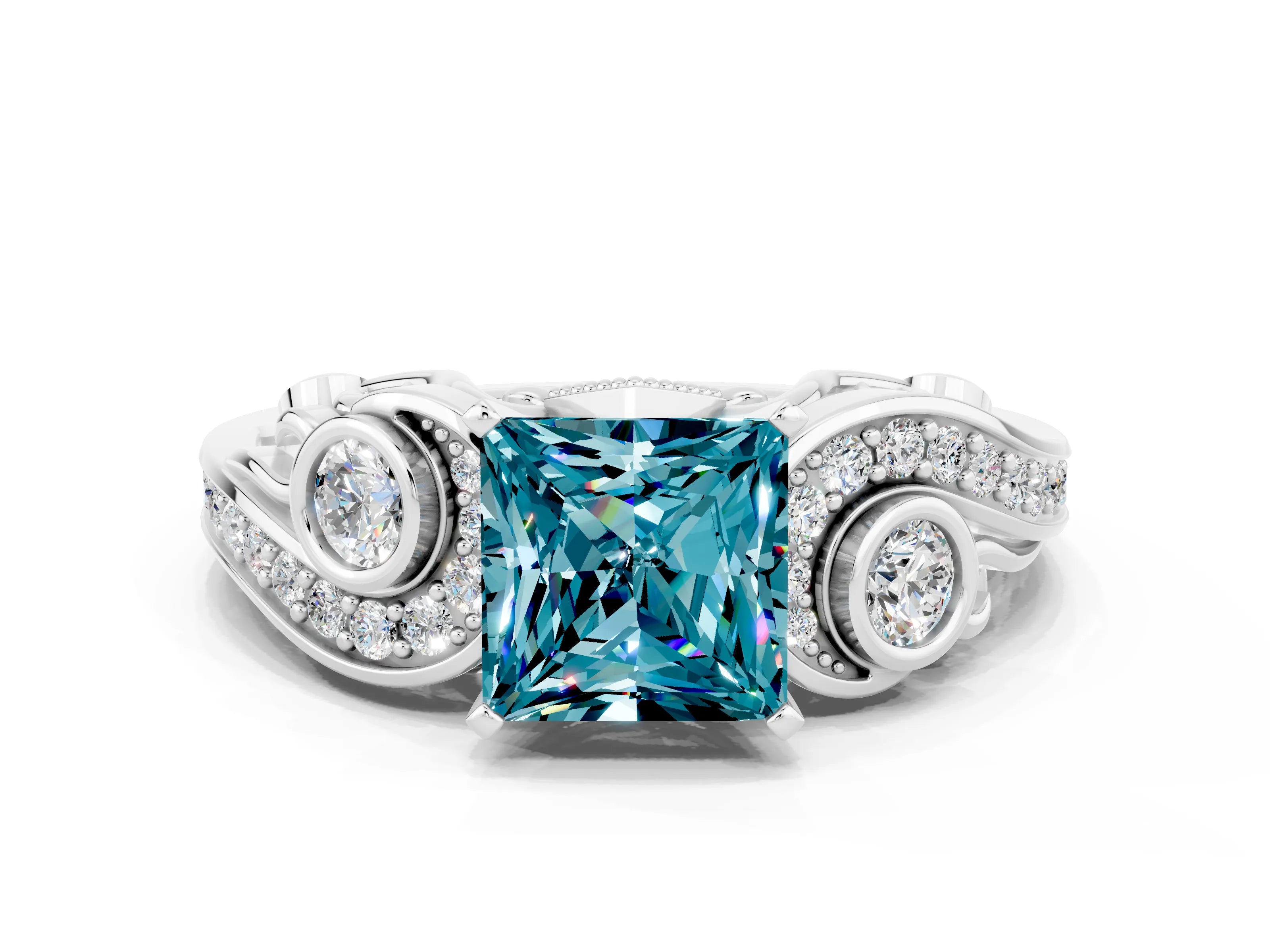 White gold Princess Cut Blue Topaz Solitaire Ring with Milgrain Pavé Band and Four-Prong Setting_48