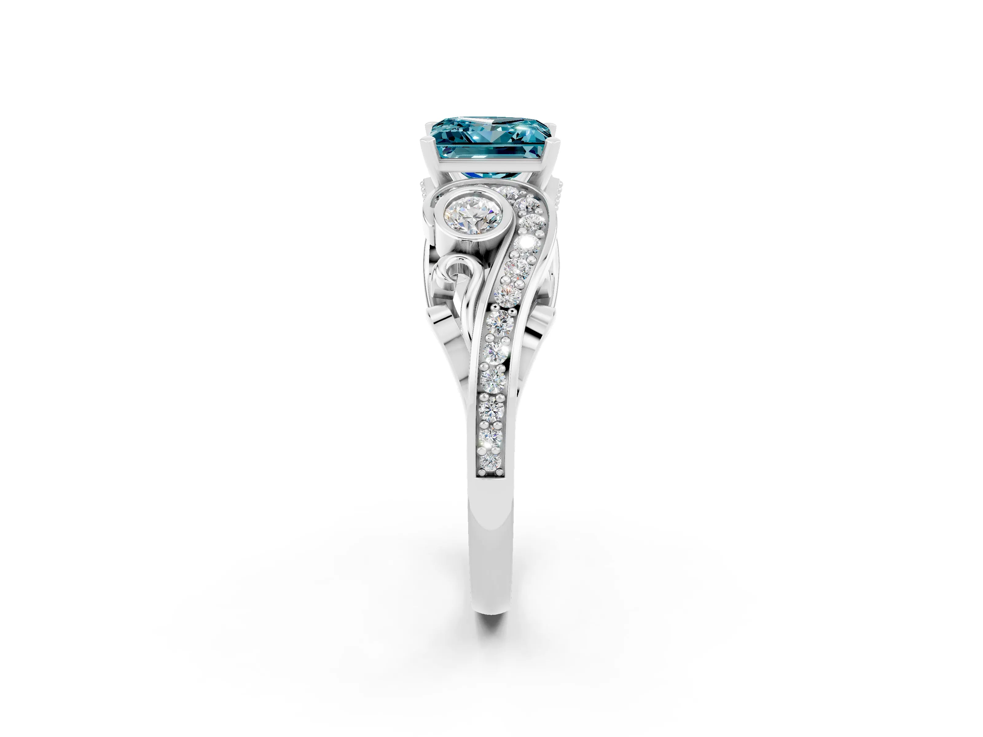White gold Princess Cut Blue Topaz Solitaire Ring with Milgrain Pavé Band and Four-Prong Setting_50