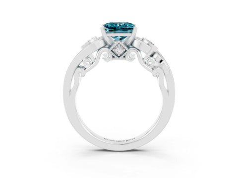 White gold Princess Cut Blue Topaz Solitaire Ring with Milgrain Pavé Band and Four-Prong Setting_51