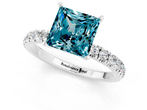 White gold Princess Cut Blue Topaz Solitaire Ring with Pavé Accents and Four-Prong Setting_1