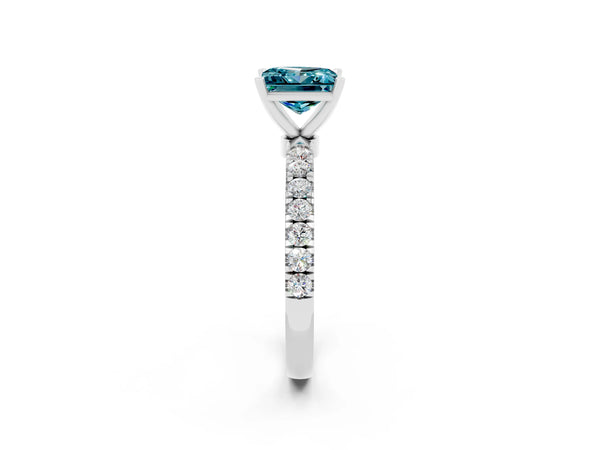 Silver Princess Cut Blue Topaz Solitaire Ring with Pavé Accents and Four-Prong Setting