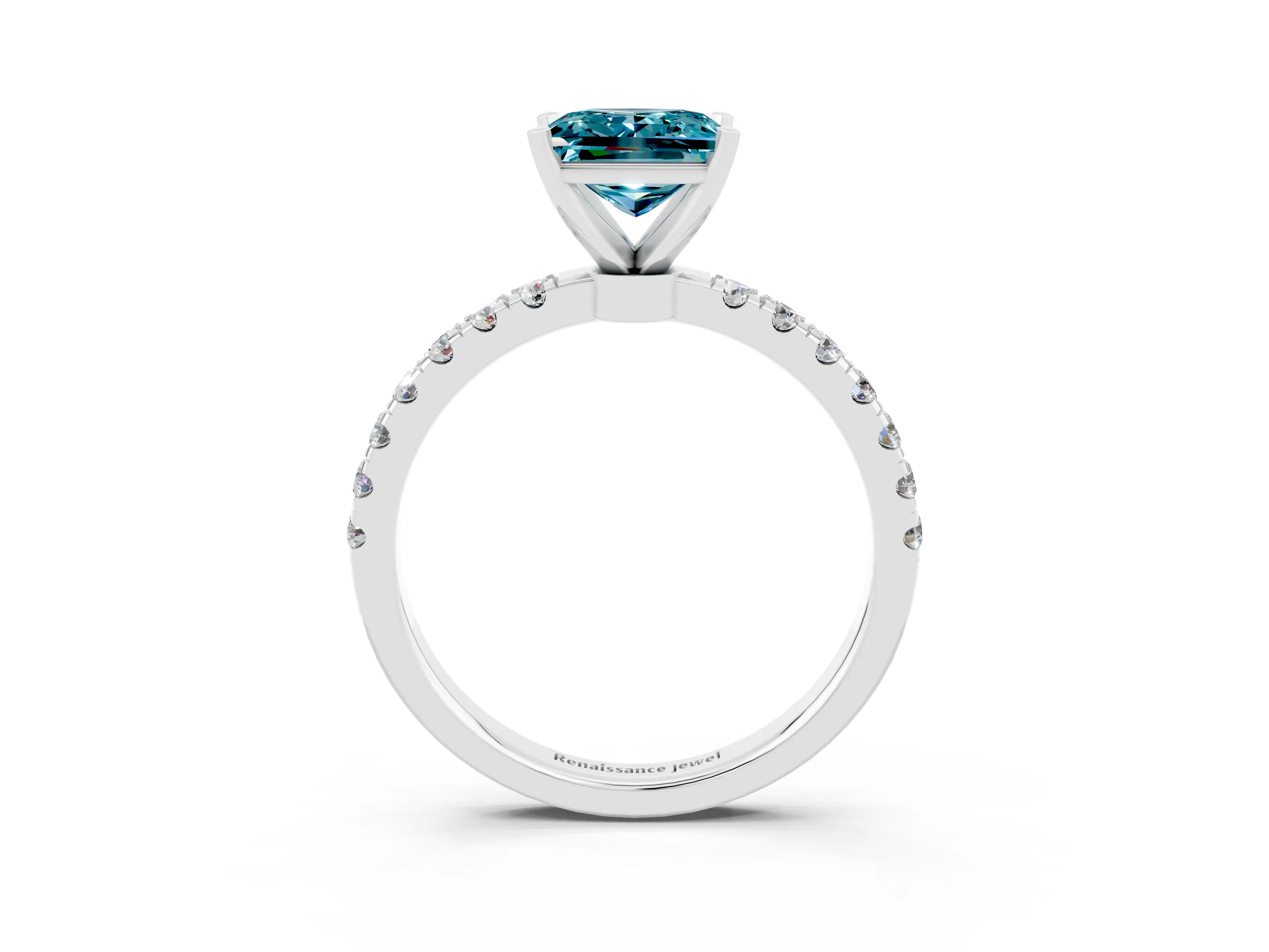 White gold Princess Cut Blue Topaz Solitaire Ring with Pavé Accents and Four-Prong Setting_3