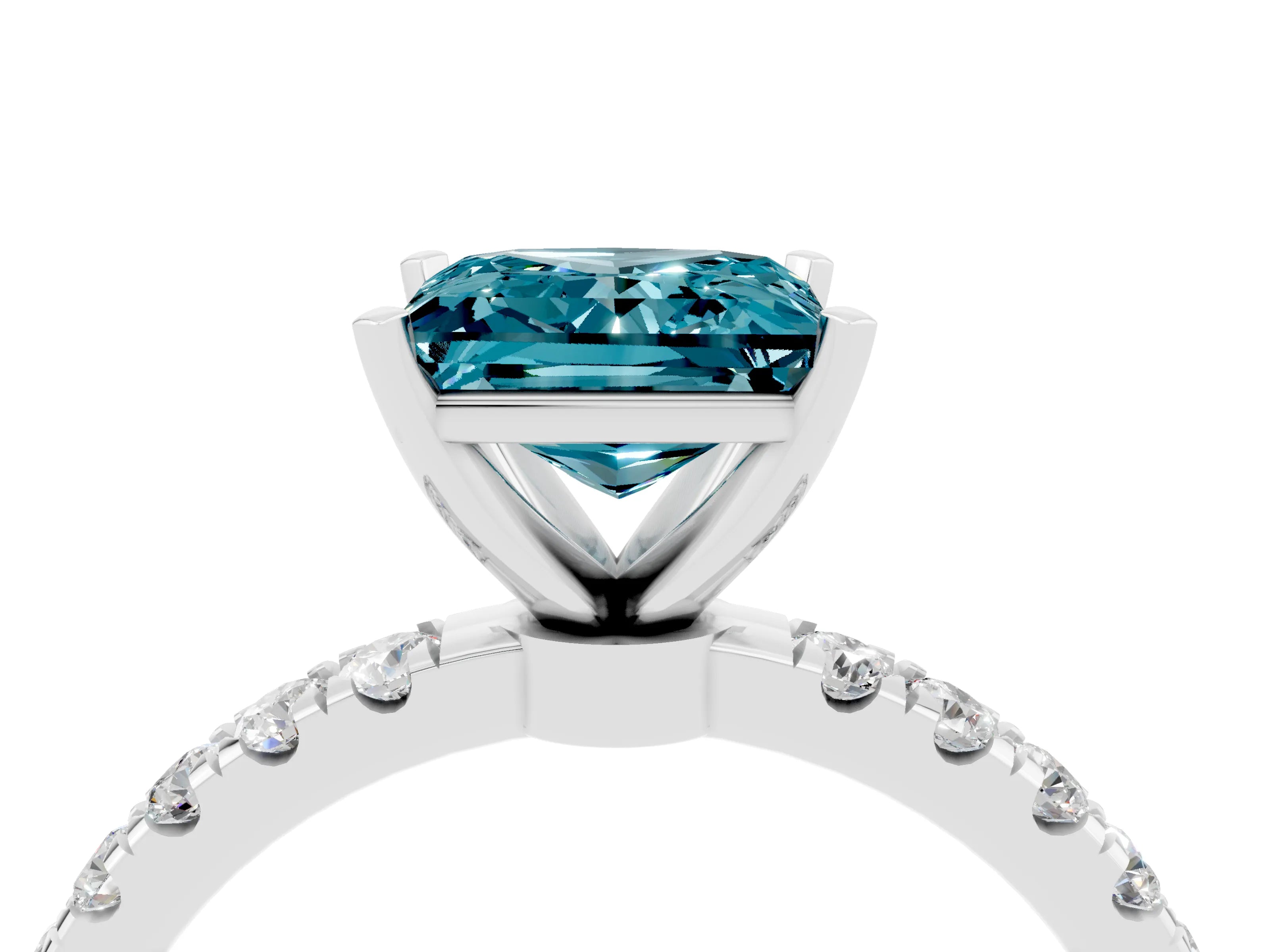 White gold Princess Cut Blue Topaz Solitaire Ring with Pavé Accents and Four-Prong Setting_4