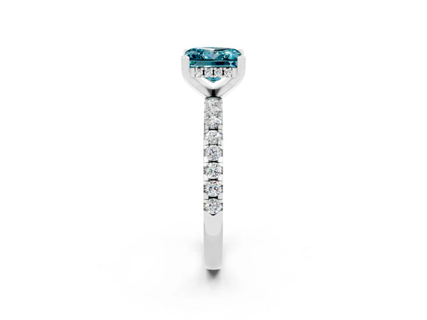 Silver Princess Cut Blue Topaz Solitaire Ring with Round  Pavé Band and Four-Prong Setting