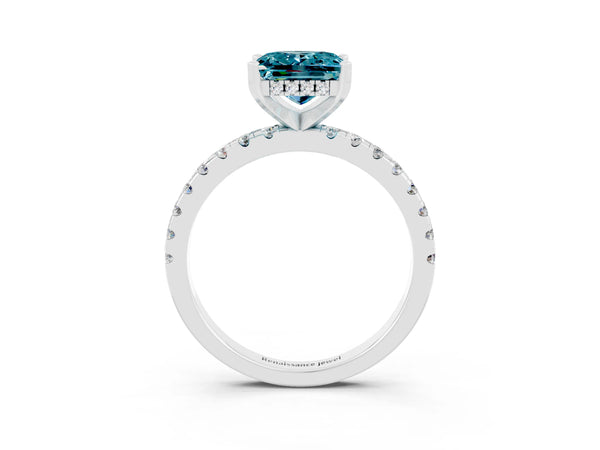 Silver Princess Cut Blue Topaz Solitaire Ring with Round  Pavé Band and Four-Prong Setting