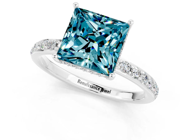 Silver Princess Cut Blue Topaz Solitaire Ring with Pavé Band and Hidden Halo