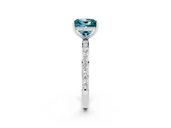 White gold Princess Cut Blue Topaz Solitaire Ring with Pavé Band and Hidden Halo