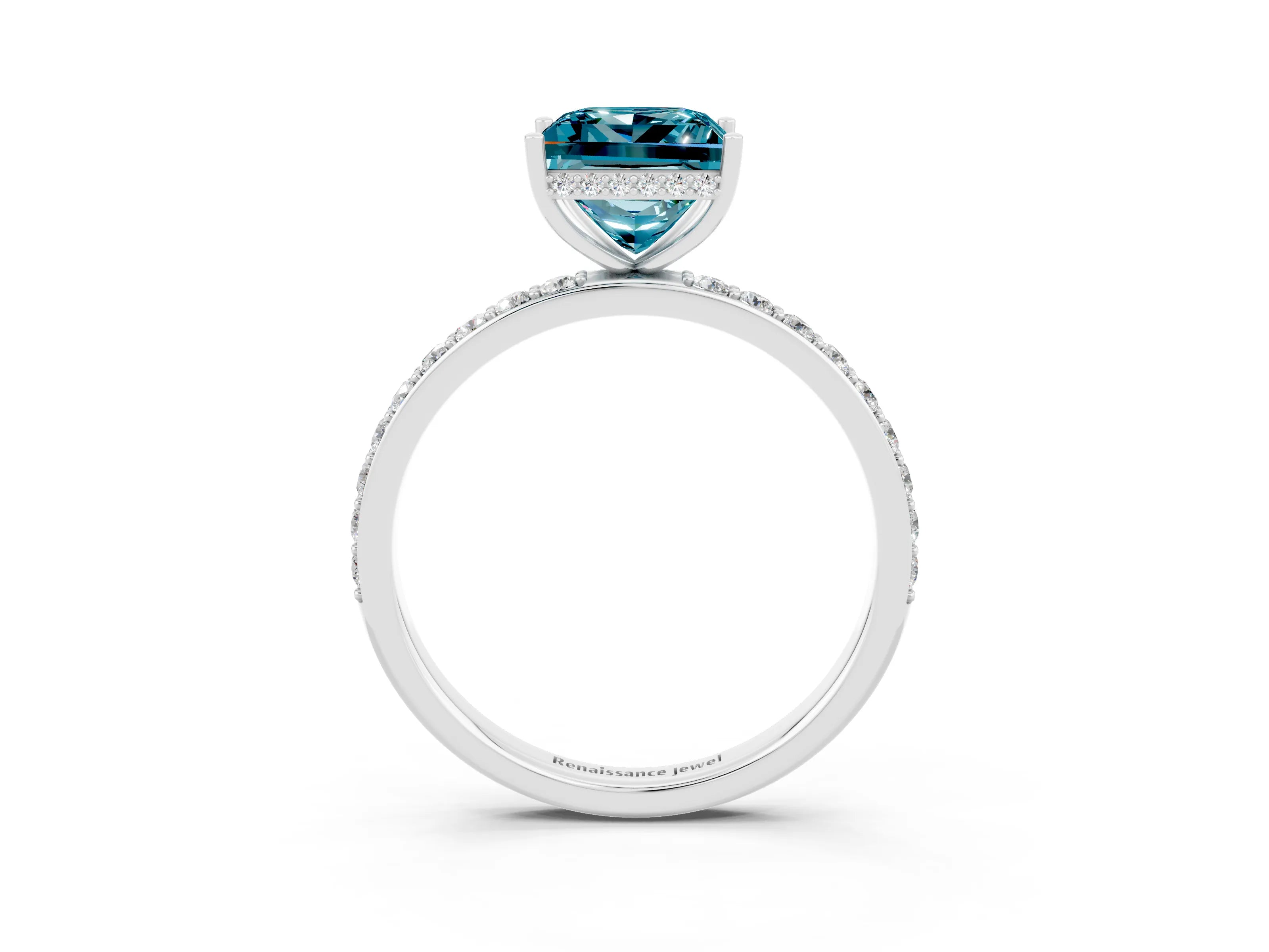 White gold Princess Cut Blue Topaz Solitaire Ring with Pavé Band and Hidden Halo_27