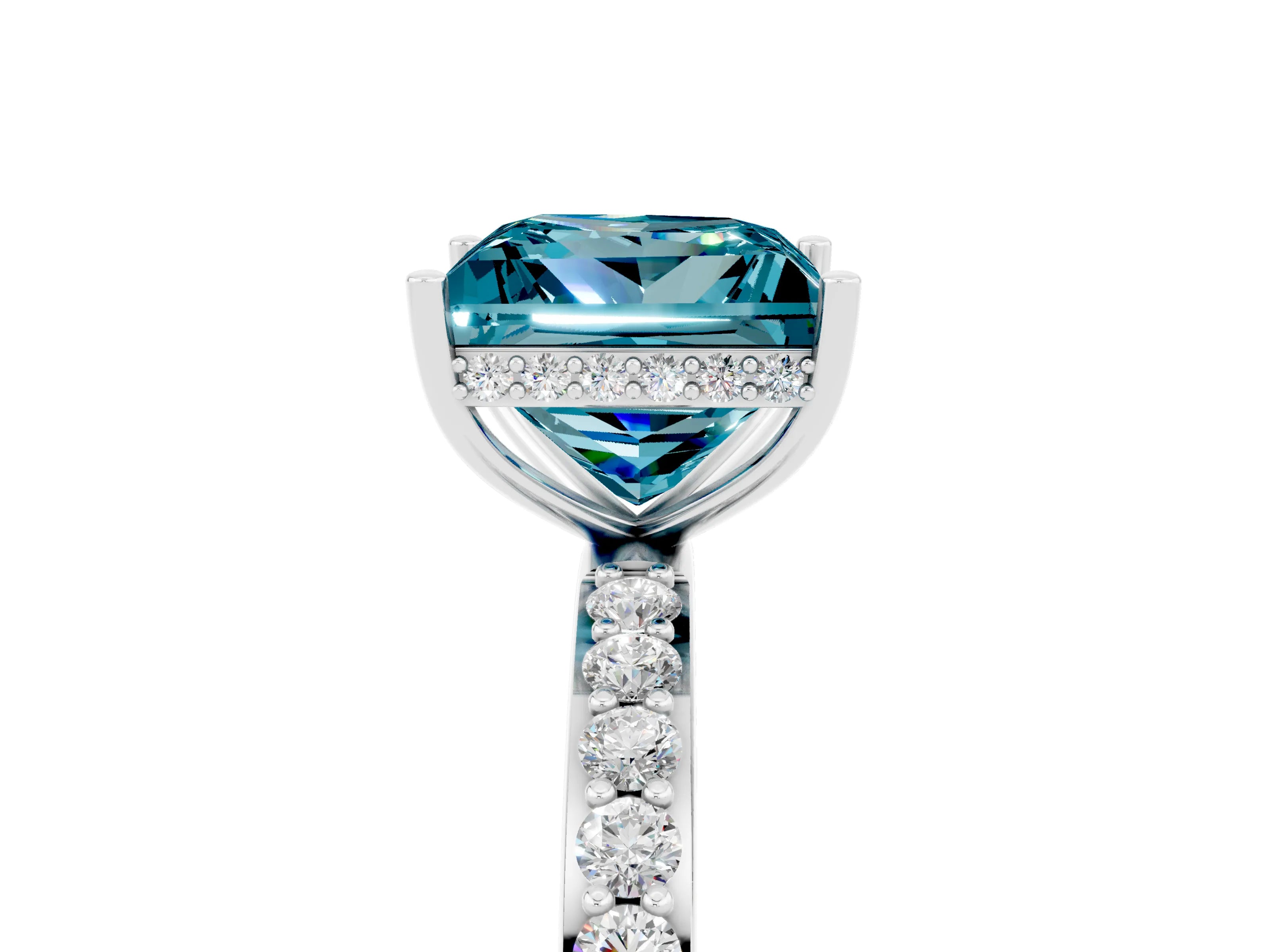 White gold Princess Cut Blue Topaz Solitaire Ring with Pavé Band and Hidden Halo_29