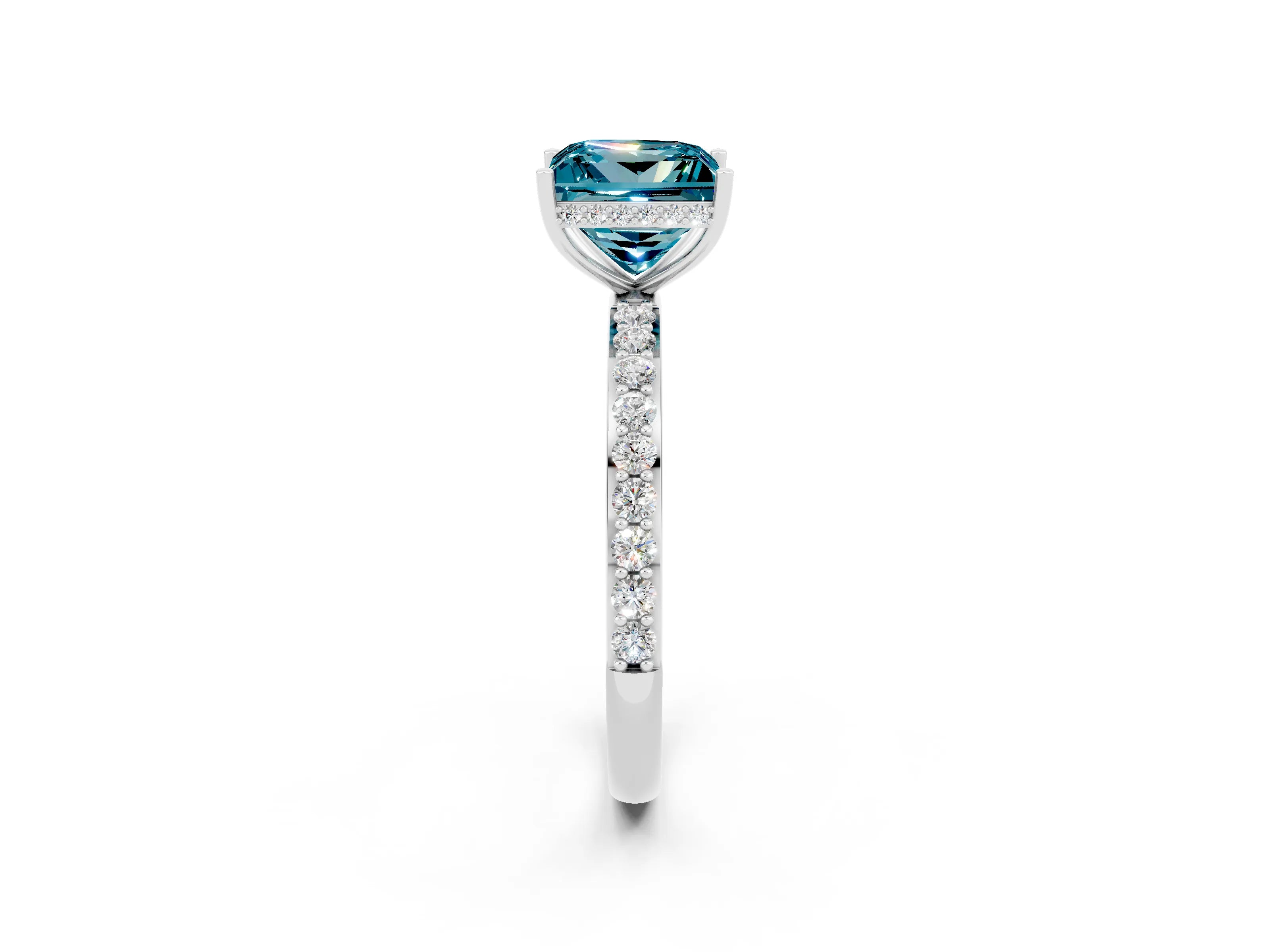 White gold Princess Cut Blue Topaz Solitaire Ring with Pavé Band and Hidden Halo_2