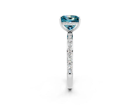 White gold Princess Cut Blue Topaz Solitaire Ring with Pavé Band and Hidden Halo_2