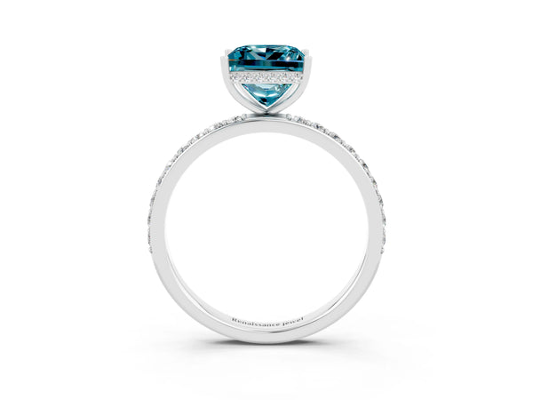Platinum Princess Cut Blue Topaz Solitaire Ring with Pavé Band and Hidden Halo