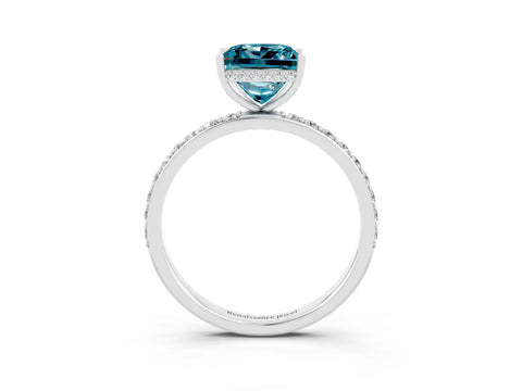 White gold Princess Cut Blue Topaz Solitaire Ring with Pavé Band and Hidden Halo_3