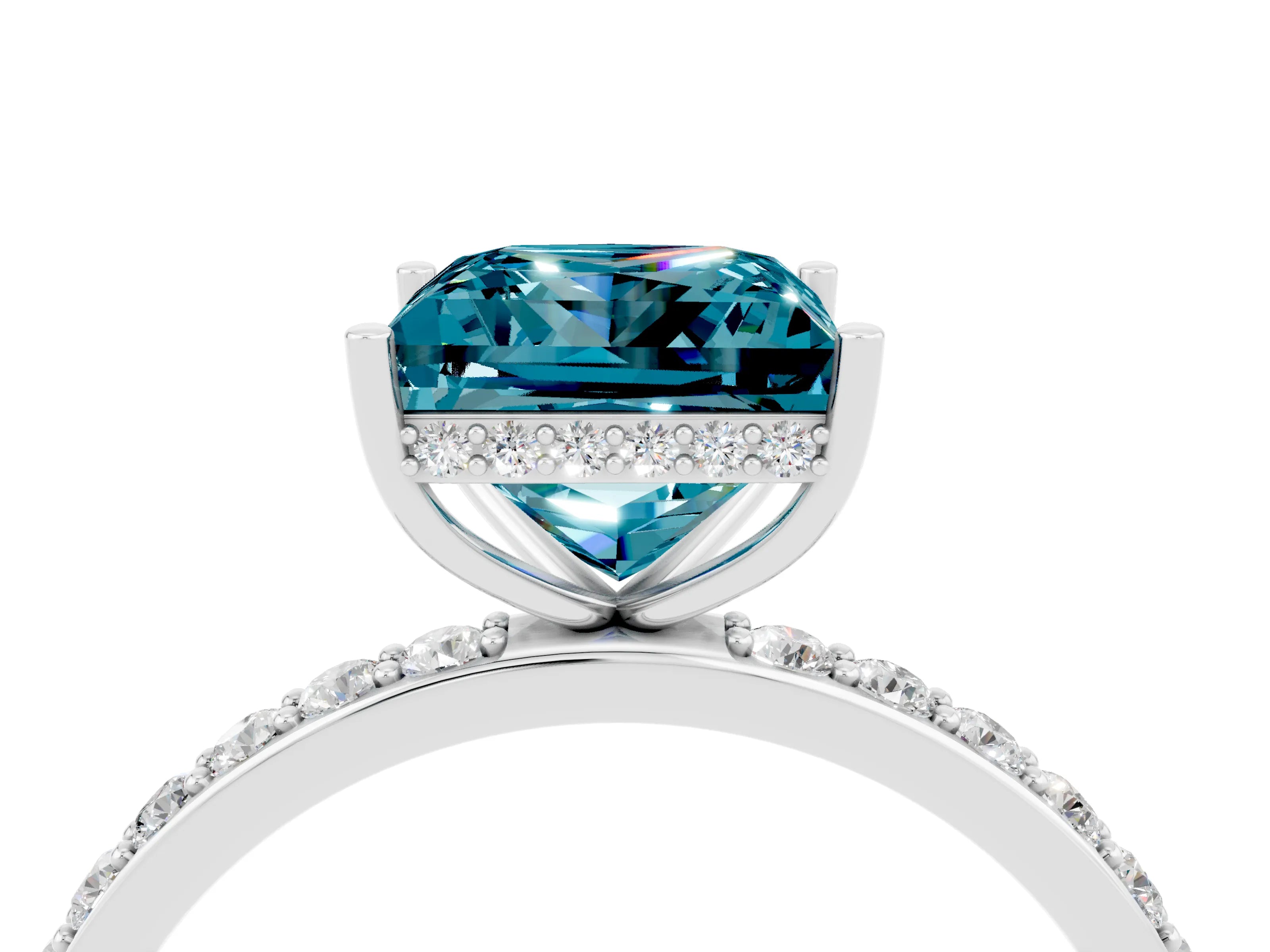 White gold Princess Cut Blue Topaz Solitaire Ring with Pavé Band and Hidden Halo_4