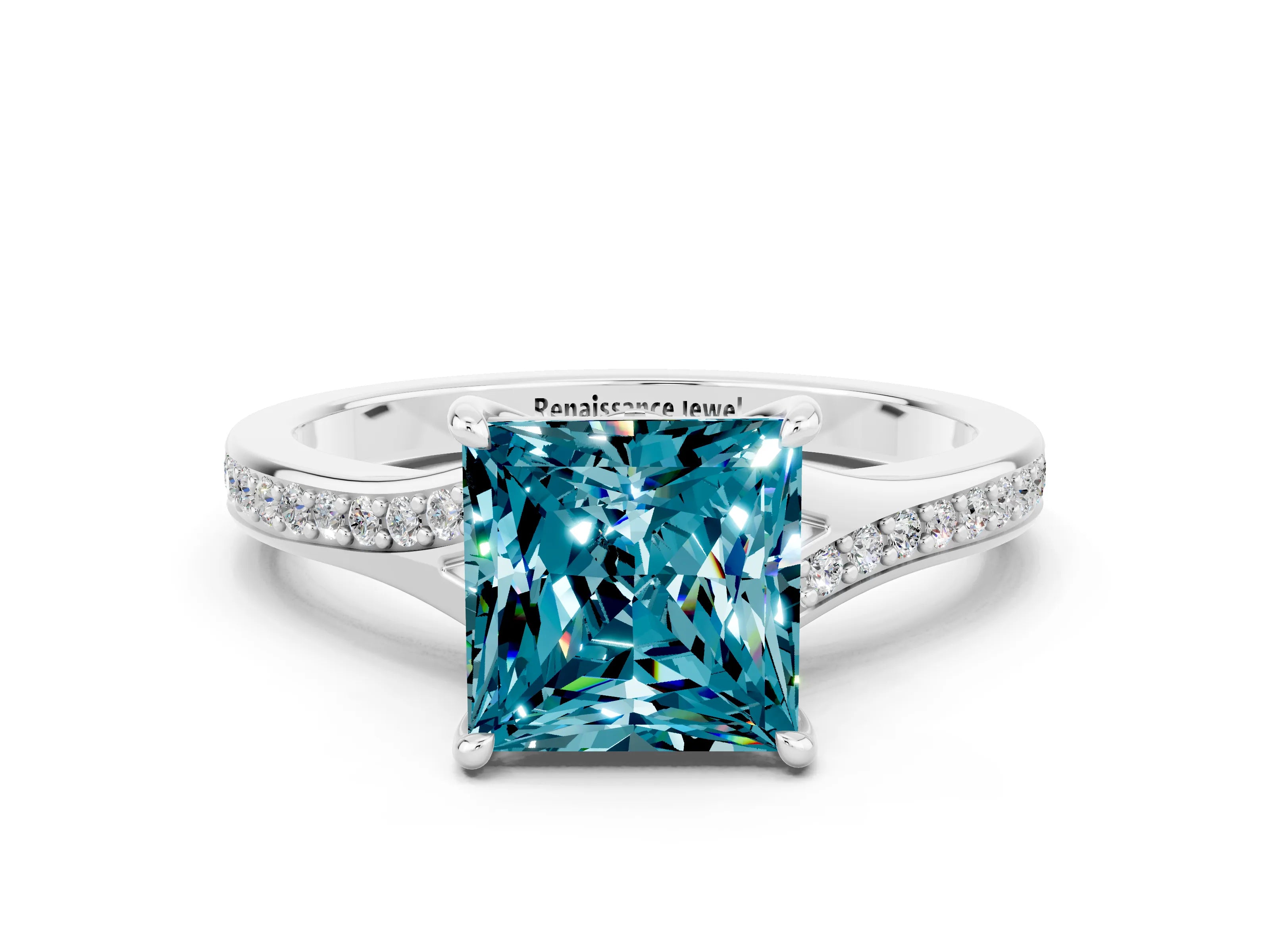 White gold Princess Cut Blue Topaz Solitaire Ring with Pavé Band and Prong Setting
