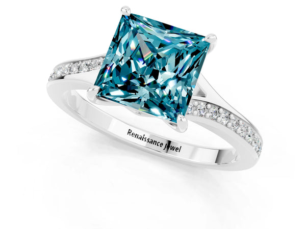 White gold Princess Cut Blue Topaz Solitaire Ring with Pavé Band and Prong Setting