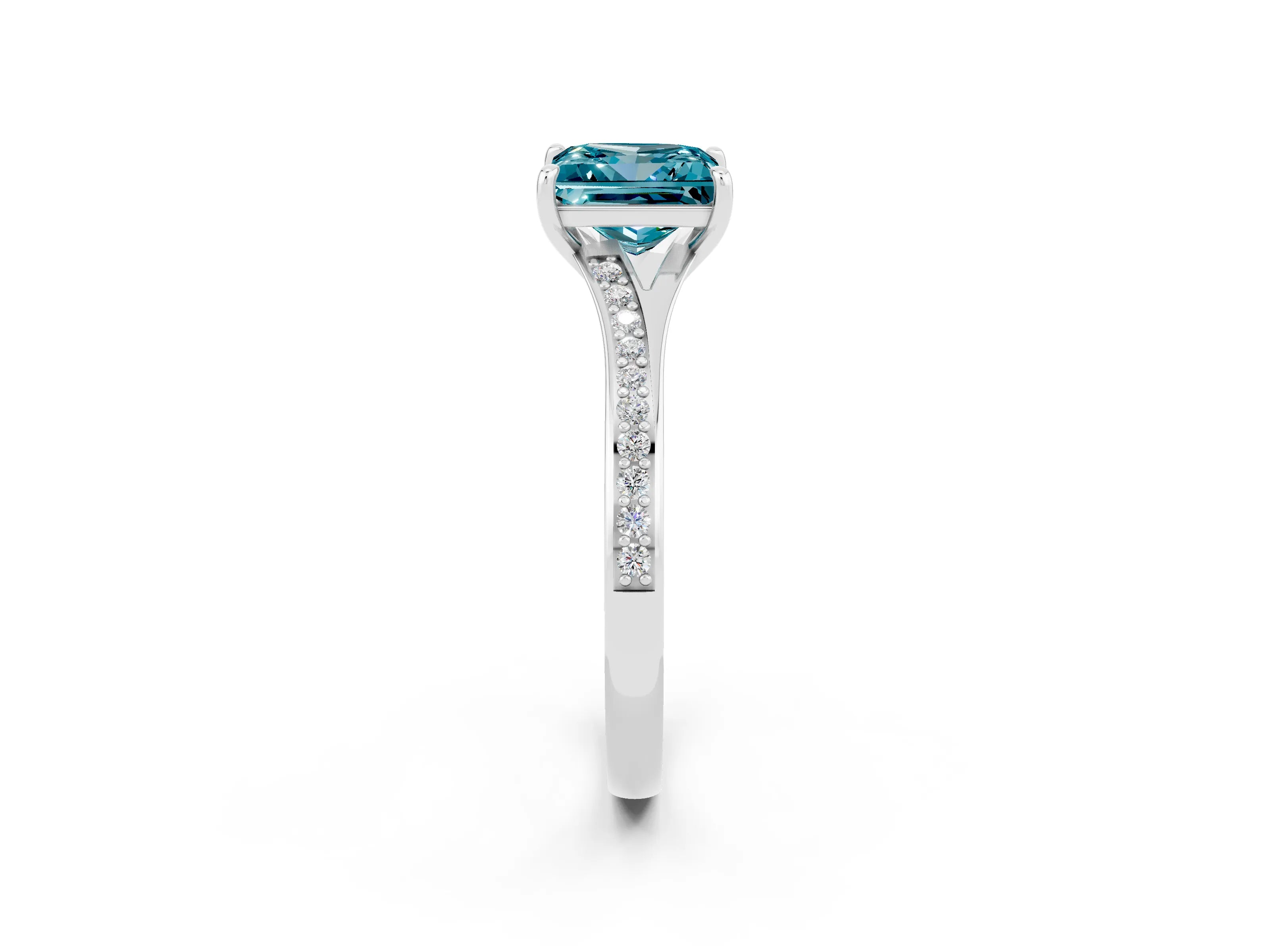 White gold Princess Cut Blue Topaz Solitaire Ring with Pavé Band and Prong Setting_2