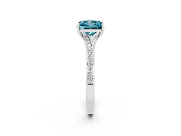 White gold Princess Cut Blue Topaz Solitaire Ring with Pavé Band and Prong Setting