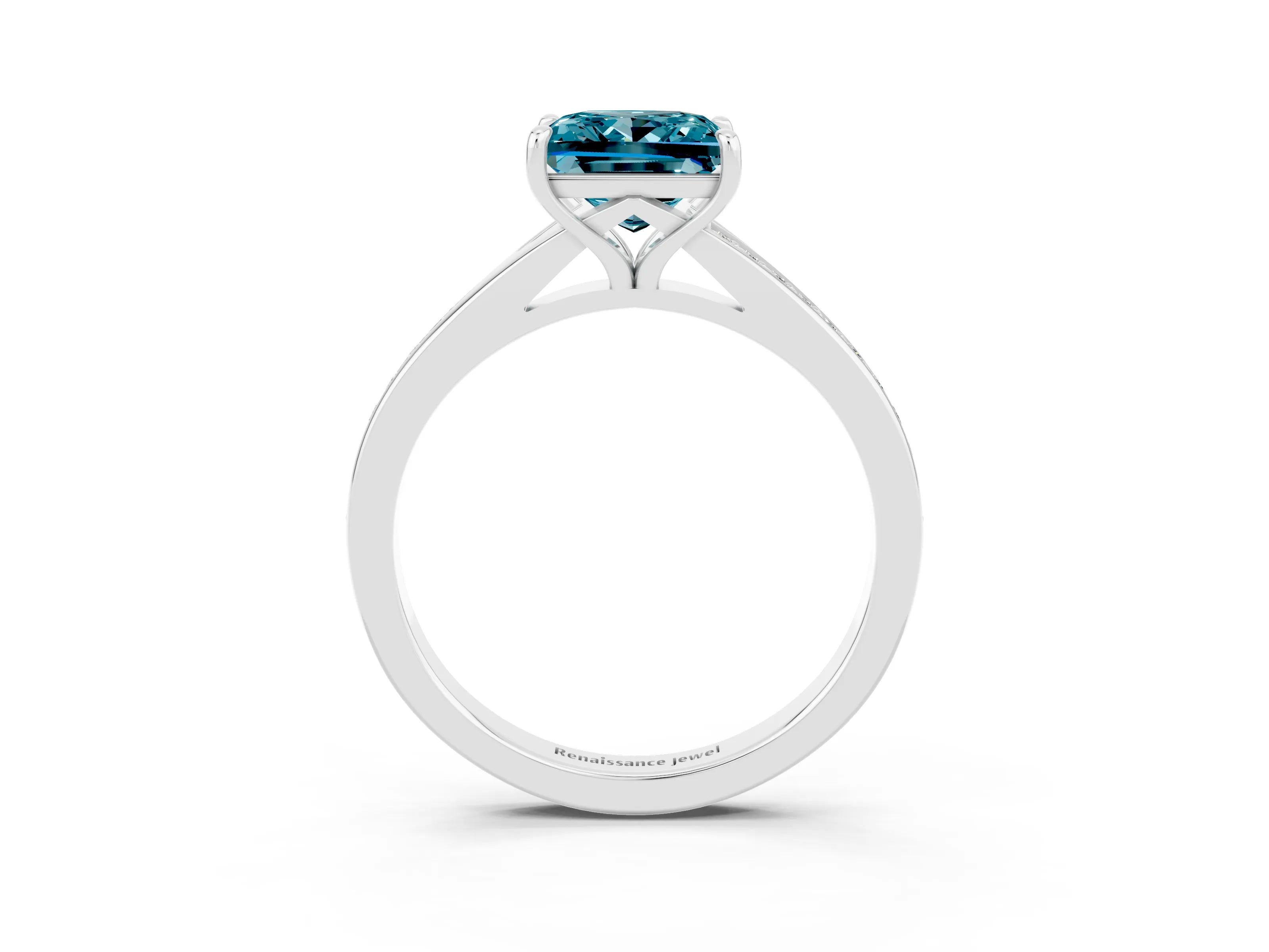 White gold Princess Cut Blue Topaz Solitaire Ring with Pavé Band and Prong Setting_3