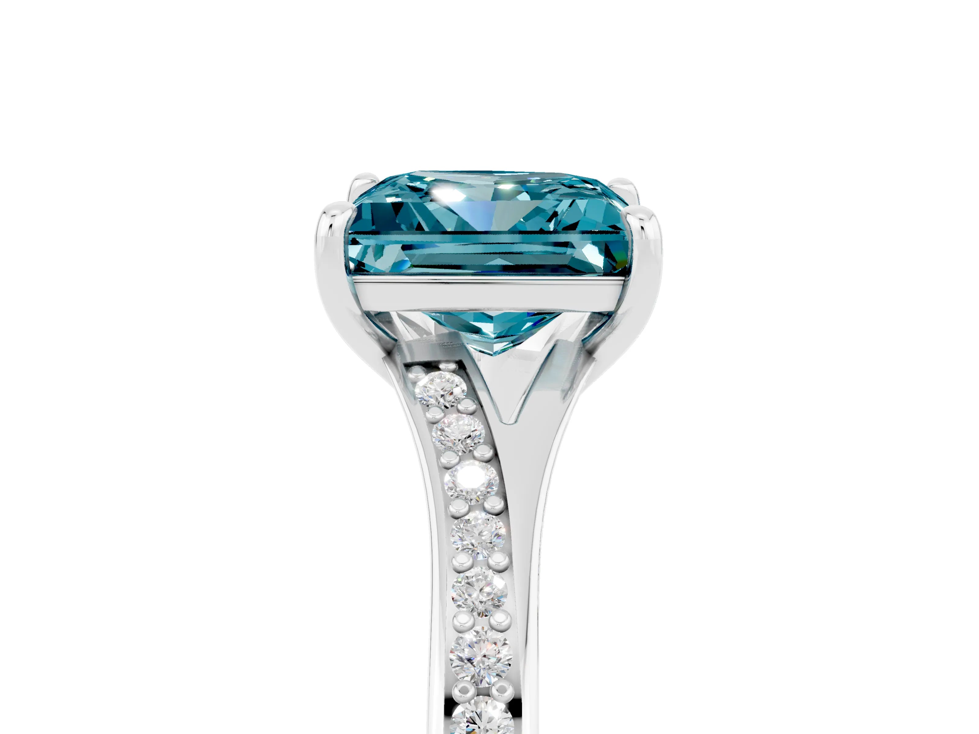 White gold Princess Cut Blue Topaz Solitaire Ring with Pavé Band and Prong Setting_5