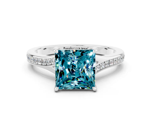White gold Princess Cut Blue Topaz Solitaire Ring with Pavé Band and Prong Setting