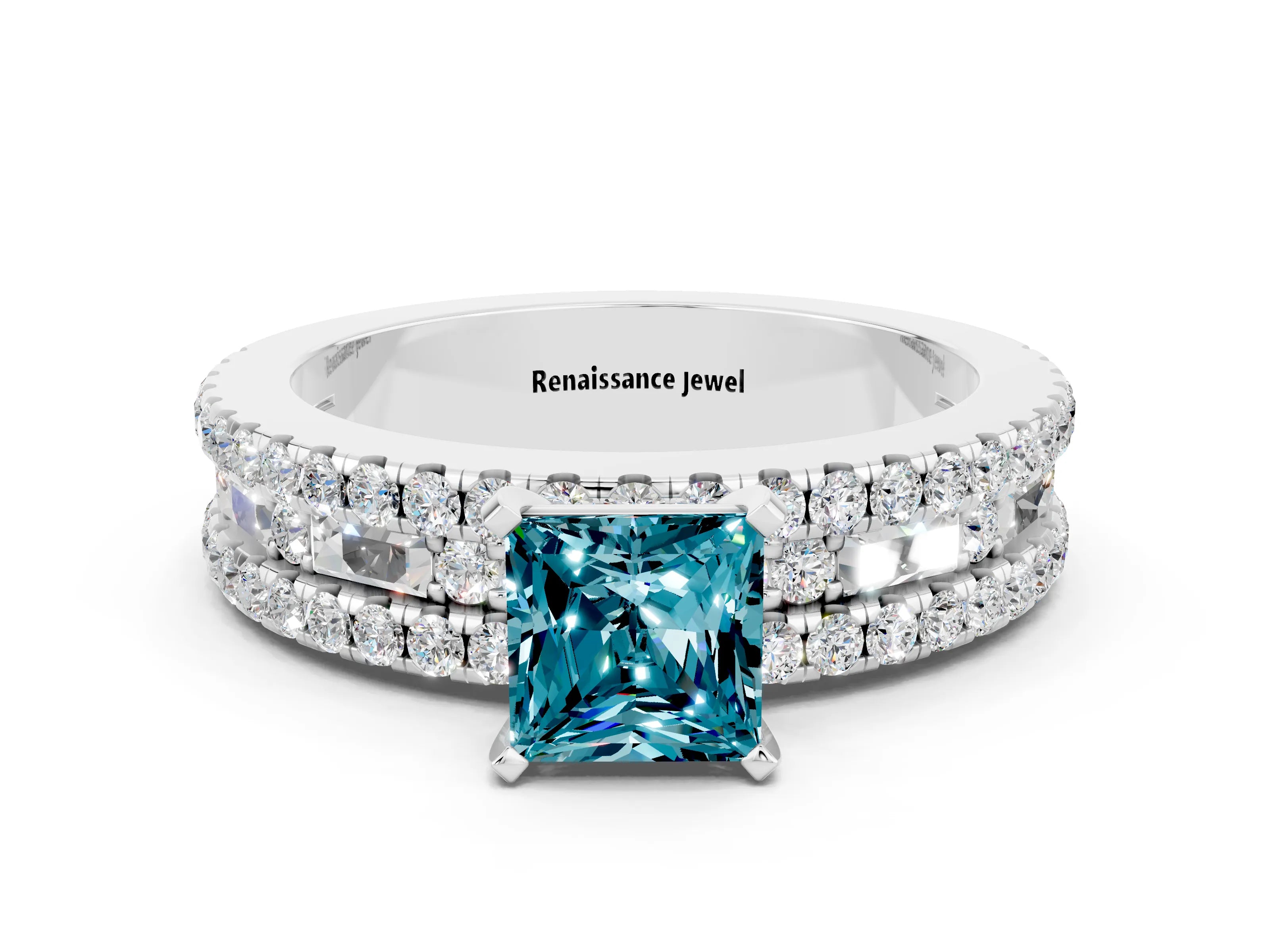 White gold Princess Cut Blue Topaz Solitaire Ring with Pavé and Channel Set Band
