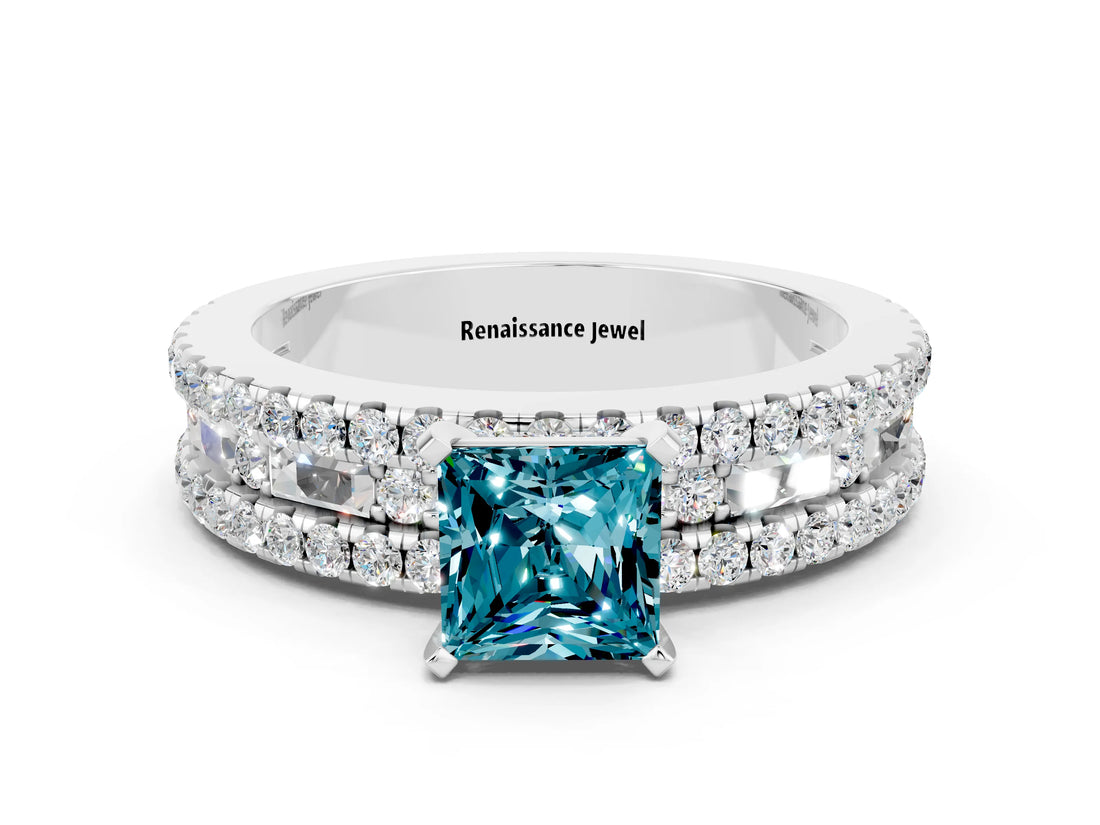White gold Princess Cut Blue Topaz Solitaire Ring with Pavé and Channel Set Band
