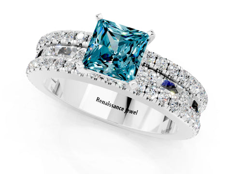 White gold Princess Cut Blue Topaz Solitaire Ring with Pavé and Channel Set Band_1