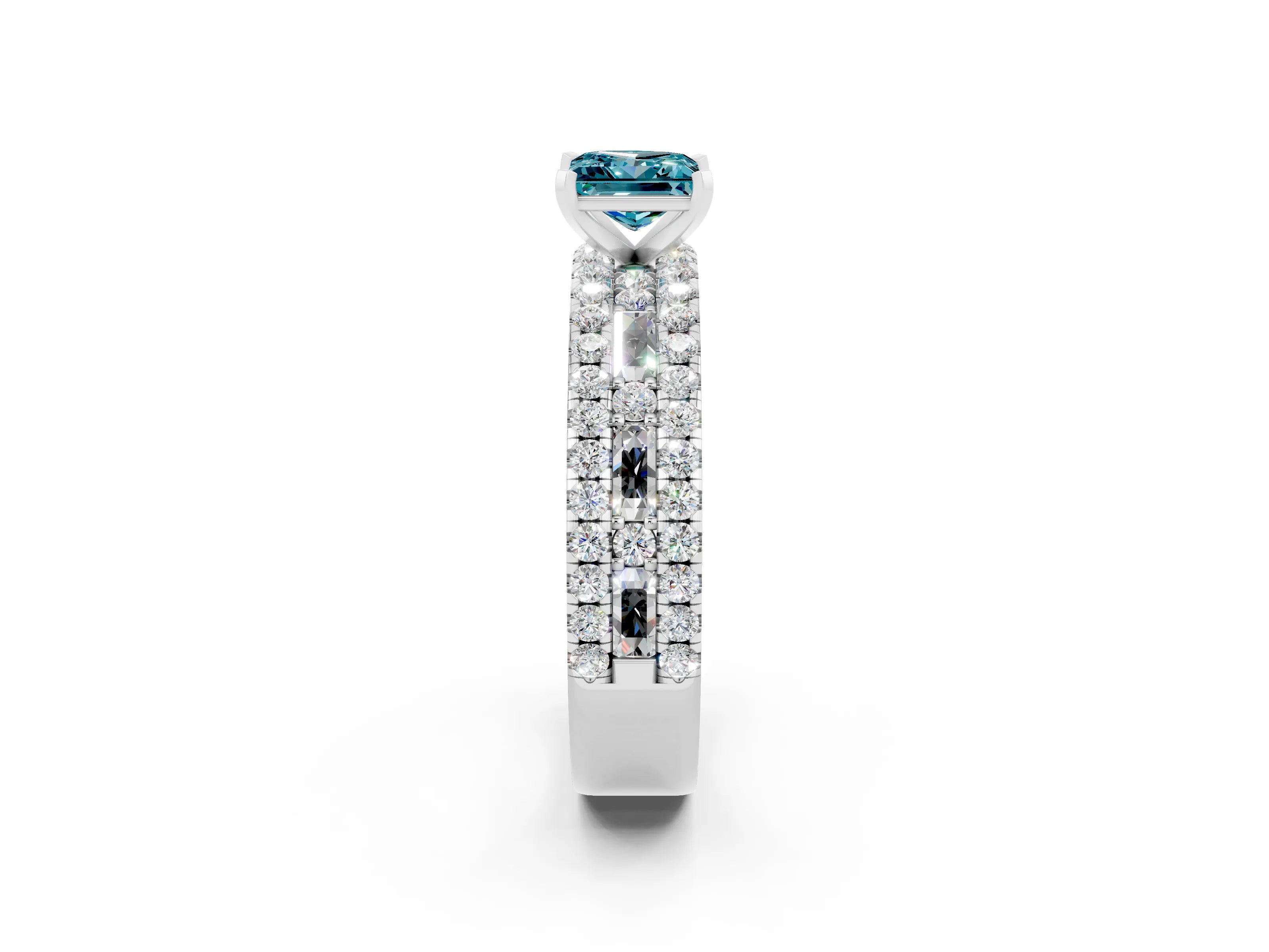 White gold Princess Cut Blue Topaz Solitaire Ring with Pavé and Channel Set Band_2