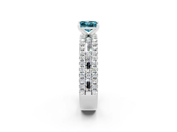 White gold Princess Cut Blue Topaz Solitaire Ring with Pavé and Channel Set Band