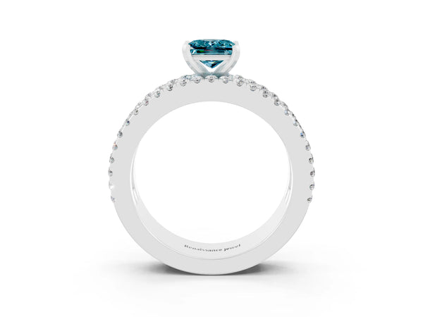 Platinum Princess Cut Blue Topaz Solitaire Ring with Pavé and Channel Set Band