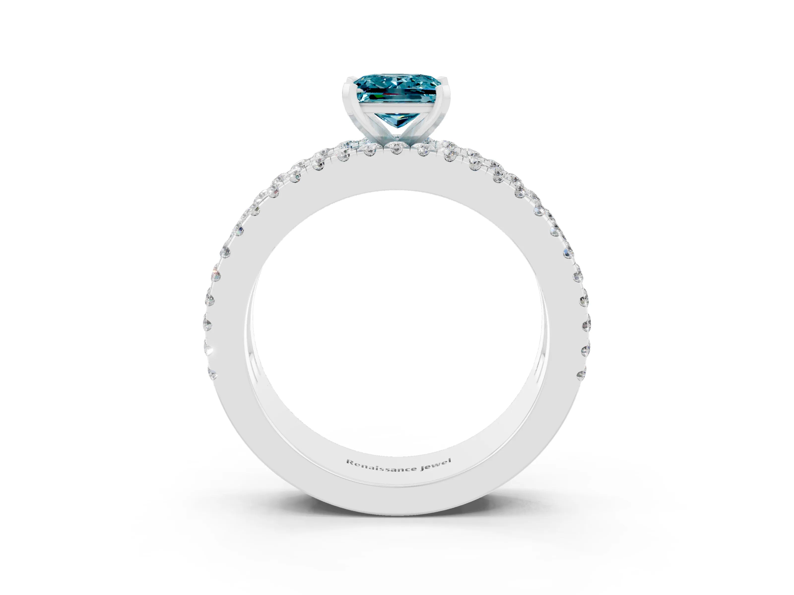 White gold Princess Cut Blue Topaz Solitaire Ring with Pavé and Channel Set Band_3