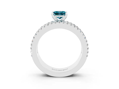 White gold Princess Cut Blue Topaz Solitaire Ring with Pavé and Channel Set Band_3